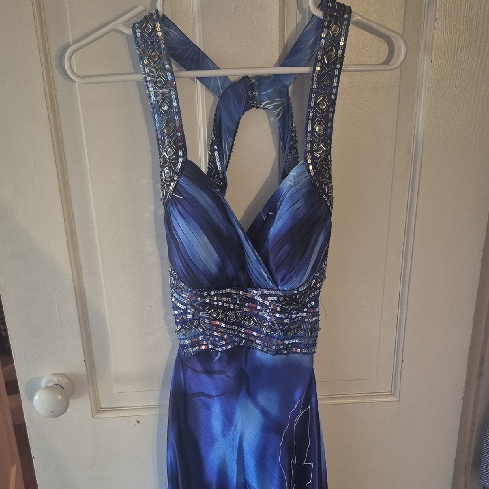 Cachet Blue Beaded Evening Gown